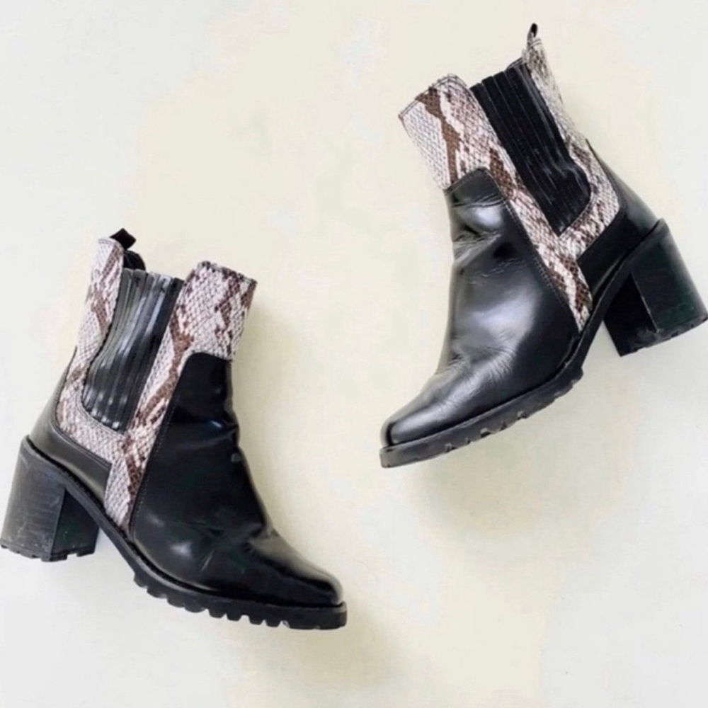 Aldo Black Leather Chunky Heeled Western Snake Print Moto Boots 7.5